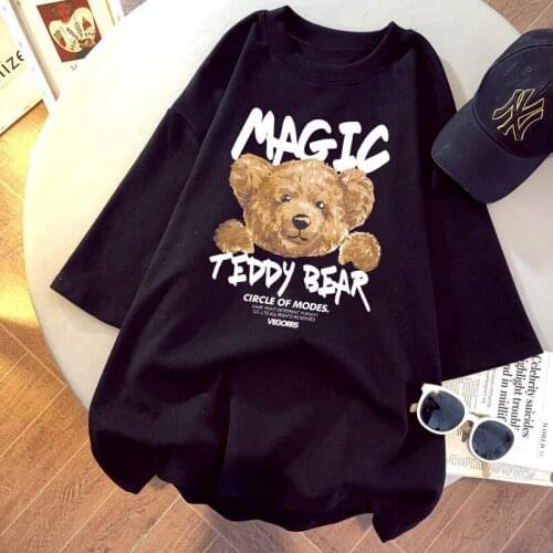 Summer New Loose Round Neck Pullover Cartoon Bear Print T-Shirt Plus Size WomenS Short-Sleeved Top