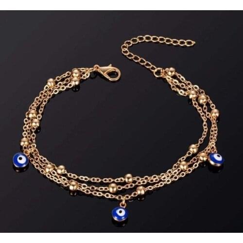 Wholesale Bohemian Multi Layered Beads Ankle Bracelet for Women Leg Chain Blue Eye Pendant Anklet Summer Beach Foot Jewelry