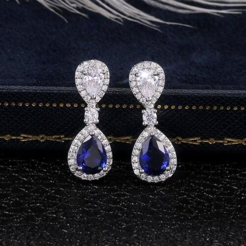 Luxury Female Crystal Blue Zircon Stud Earrings Fashion Silver Color Earrings For Women Vintage Double Earrings