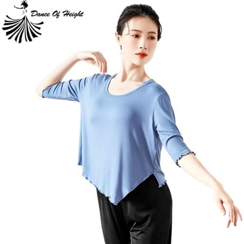Loose Modern Dance Shirt Belly Dance Practice Clothes Adult Latin Dancewear Yoga Tops Round Neck Half Sleeve Irregular Bottom