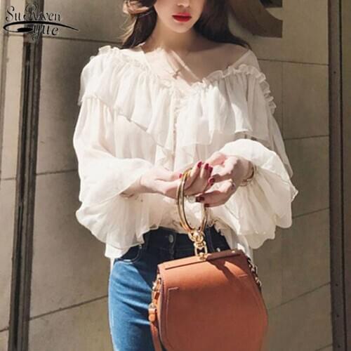 V-neck Boho Mesh Blouse Shirts Women Ruffle Flare Sleeve Elegant Peplum Tops Summer Ruffles See Through Ladies Sexy Blusas 13459