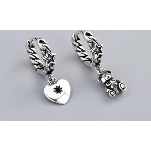 925 Sterling Silver Piercing Asymmetry Star Heart Bear Stud Earrings for Women Accessories Earrings eh258