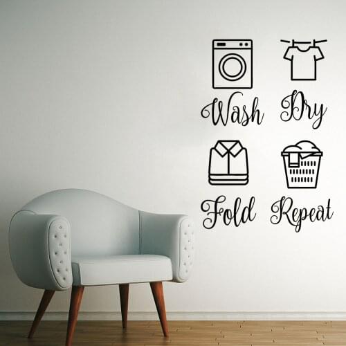 Laundry Room Washing Machine Clothes Laundry Basket Wall Decals Set Vinyl Wall Quote Stickers Dry Cleaning Folding Repeat Decals