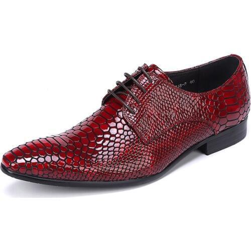 Classic Snake Lace Up Men Dress Shoes Genuine Leather Red Black Formal Office Business Man Suit Footwear Party Sapato Masculino