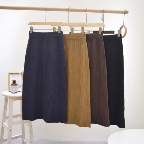 Women Autumn Winter Solid Color Elastic High Waist Slim-Fit Knitted Midi Skirt Women Winter dress Knitted Skirt Winter dress dre