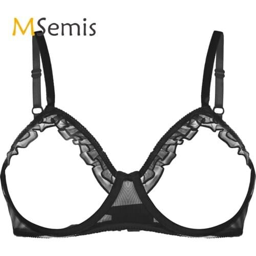 Womens Erotic See Through Sheer Mesh Lingerie Adjustable Spaghetti Shoulder Straps Bare Breast Ruffles Underwired Bra Top