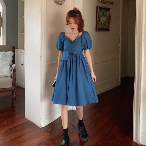 Temperament Round Neck Puff Sleeve Short Sleeve Dress Female Summer New Style Skirt Korean Waist Slim Dress
