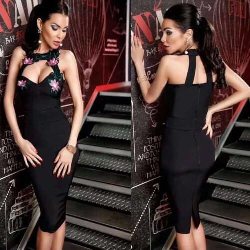 Free Shipping Wholesale Womens Black White Spaghetti Strap Applique Sexy Club Celebrity Cocktail Party Bandage Dress