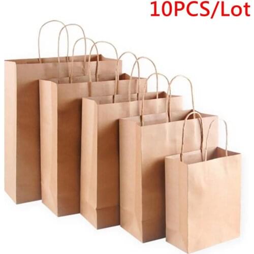 10Pcs Kraft Paper Bag Solid Color Gift Bags for Wedding Christmas Birthday Party Gift Packing Bags Supplies Handbags with Handle