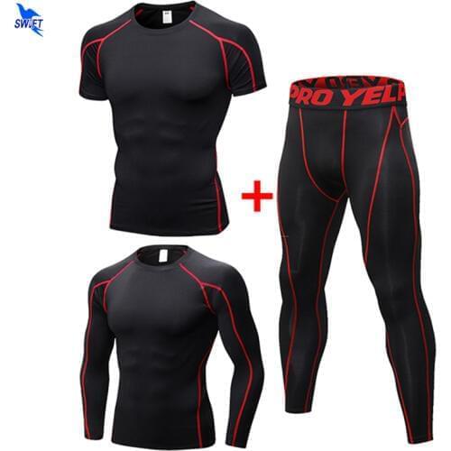 3 Pcs/Set Mens Tracksuit Sports Suit Gym Fitness Compression Clothes Running Jogging Sportswear Exercise Workout Tights Sets