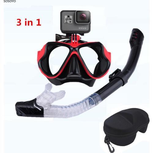 3 in 1 Set Diving Mask Snorkeling Snorkel Tube Underwater Waterproof Swimming Goggles with Glasses Case For GoPro Xiaomi Camera
