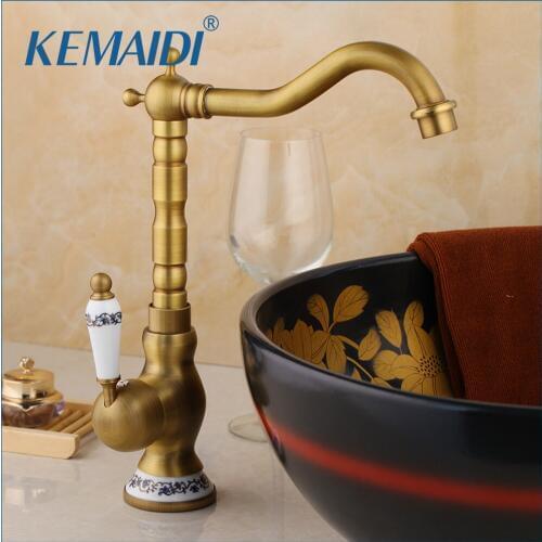 KEMAIDI Antique Brass Faucet Stream Spout Tap Bathroom Basin Sink Faucet Solid Brass Hot & Cold Water Mixer Vanity Sink