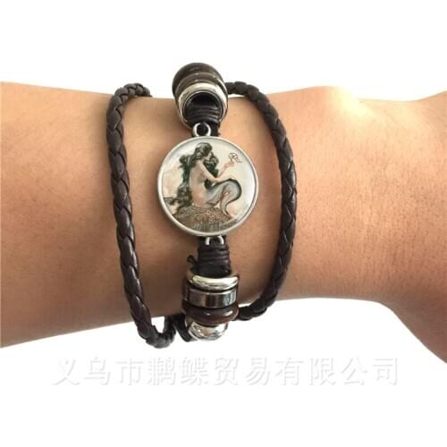 Mermaid Pattern Bracelet New Classic Round Glass Mermaid Murano Glass Dome Black/Brown 2 Color Leather Cords Adjustbale Bangle