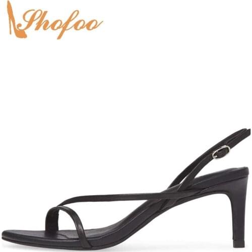 Black Slingback Buckle Strap High Thin Heels Sandals Leisure Large Size 12 16 Ladies Fashion Concise Strap Casual Mature Shofoo
