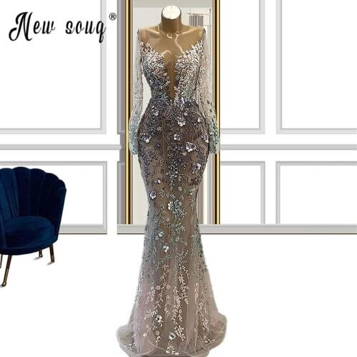 Elegant Lace Sequins Evening Dresse Formal vestido de noiva Party Gown vestido noiva sereia Long Sleeve Islamic Turkish Robes