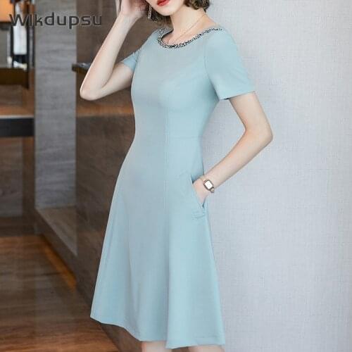 Elegant Office Dresses For Ladies Formal Classy Spring Summer Short Sleeve A Line Midi Dress Female Business Work Plus Size 4XL