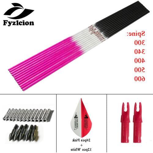 6PCS Hunting Archery Carbon Arrows Shaft Sp300-600 ID6.2mm Arrows Plastic Vanes and Nock 75gr Tips for Compound Bow