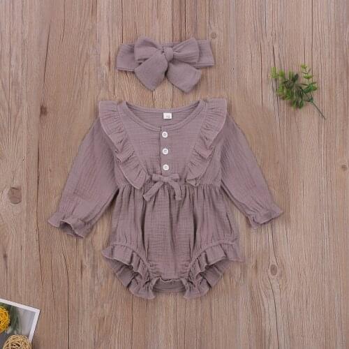 Toddler 2pcs Rompers Sets Baby Girls Solid Long Sleeve O-neck Button Bodysuits Ruffle + Bow-knot Headband Newoborn Suits