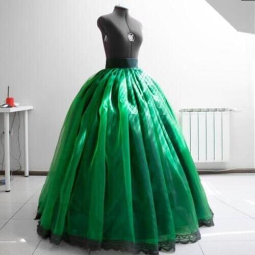 Pretty Green Pleated Lace Appliques Satin Skirt Zipper Waistband Long Princess Ball Skirts Evening Party Women Skirts Custom