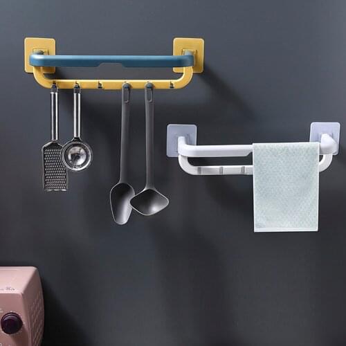 Multifunctional non-perforated towel rack foldable bathroom bathroom rack double towel bar 6 hook towel rack bathroom storage