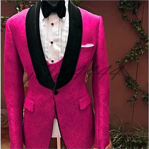 Men Suits Hot Pink and Black Groom Tuxedos Shawl Velvet Lapel Groomsmen Wedding Best Man ( Jacket+Pants+Tie+Vest ) C677