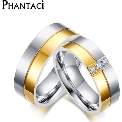 7MM Stainless Steel Wedding Ring For Lovers Gold and Silver Color Crystal CZ Couple Rings Set Men Women Engagement Wedding Rings