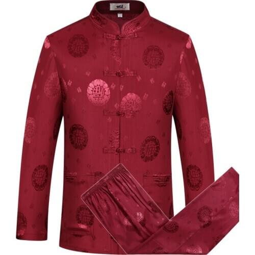 Chinese print Mens Tang Suit Sets Long Sleeve Shirt Long Pants Kung Fu Suit High Quality Wu Shu Tai Chi wine red Sets 2020
