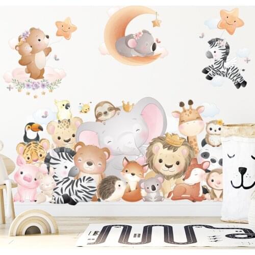Cartoon Animals grassland Wall Stickers for Kids Room Baby Nursery Room Decoration Elephant Giraffe Zebra Stickers