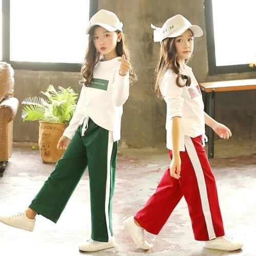 2020 New Girls Autumn Clothes Big Childrens Letters Long-sleeved Wideleg Pants Two-piece Suits Kids Girls Sports Set 4-14 Years