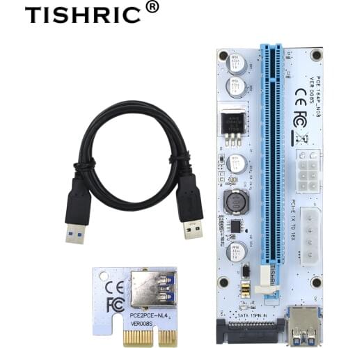 6pcs TISHRIC 3in1 PCI-E Riser 008s Card PCIE PCI E 1x to 16x Extender USB 3.0 SATA Adapter Cable Mining Riser For Video Card