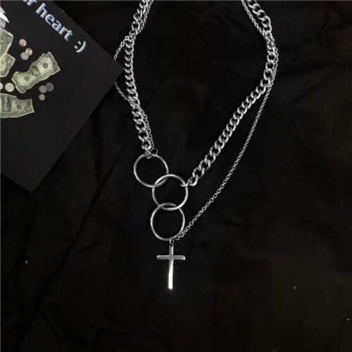 Ins Tide Harajuku Style Hip Hop Cross Pendant Personalised Combination Punk Style Multi-layered Circle Necklace