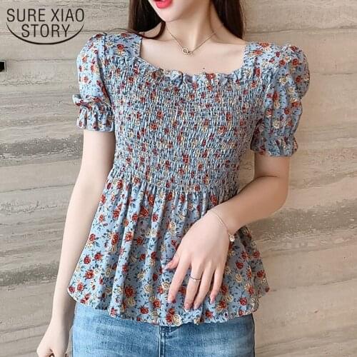 Casual Pleated Floral Printed Korean Tops Summer Chiffon Blouses Womens Vintage Harajuku Woman Shirts Blouses Mujer Slim 15330