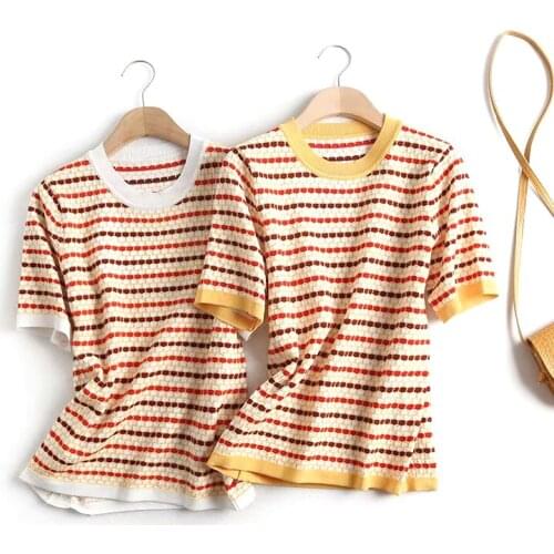 High quality Knitted Pullover Korean Fashion Thin Summer Short Sleeve Ladies Sweater Jumpers Tops Rainbow Stripes Women Clothing