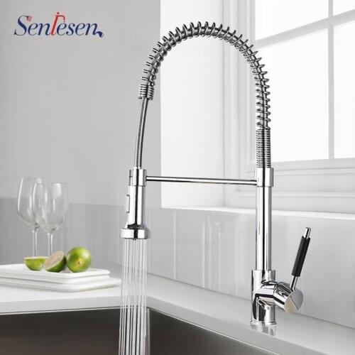Senlesen Chrome Kitchen Faucet Spring Hose Double Spout Pull Out Single Handle Vessel Sink Kitchen Mixer Taps