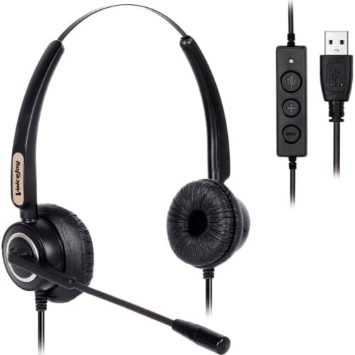 VoiceJoy Call Center Noise Cancelling Corded Binaural Headset Headphone with Mic Microphone USB Plug For Computer and Laptop