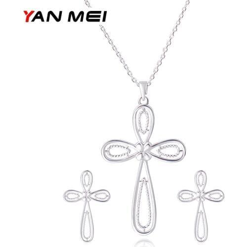 YAN MEI Women Clear Cubic Zirconia Cross Pendant Necklaces Earrings Jewelry Sets Engagement Gift GLD0386