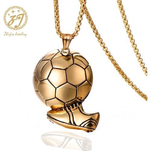 Zhijia Soccer Necklaces Men Jewelry Gold Color Stainless Steel Fitness Football Sport Pendant & Chain Fathers Day Gifts For Dad
