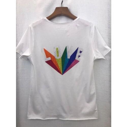 Women Tshirt 2020 Summer Ladies V-neck T-shirt Colorful Rhinestones Letters Simple Fashion