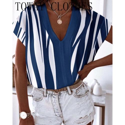 Summer Female New Fashion Sexy Daily Wear Stripe Colorblock White Tee Casual Women Tops V-Neck Short Sleeve T-shirt