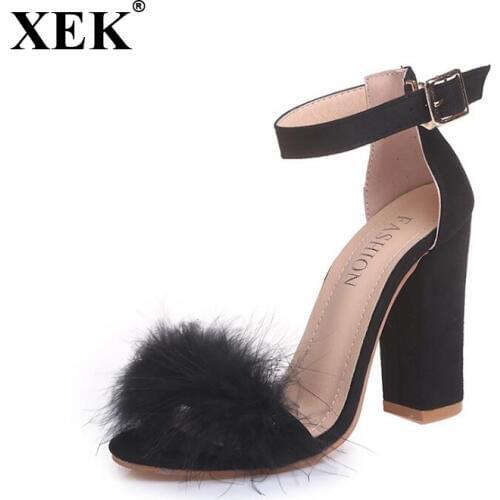 XEK 2018 Women Sandals High Thick Heels Sandals Rabbit hair Fashion European Sandals Pumps Plus size shoes ST245 10CM