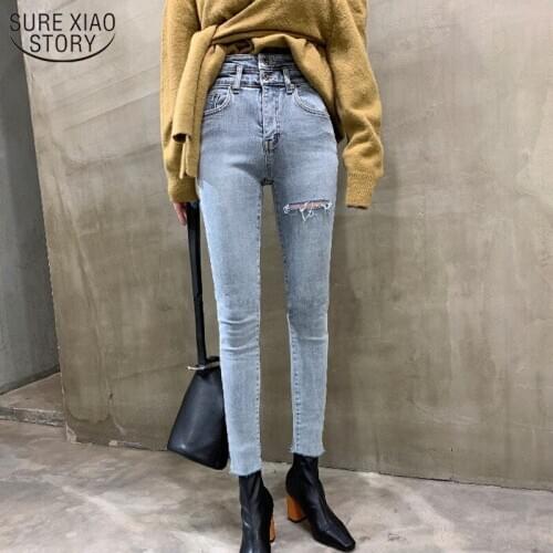 Women Denim Jeans Fit High Waist Stretched Elastic Ripped Jeans for Women Fringe Hem Denim Skinny Jeans Female Trousers 10395