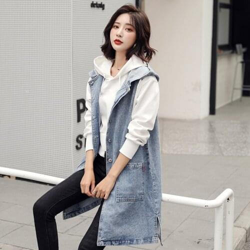 Large Size Women Denim Jean Vest Spring Autumn New Korean Style Long Denim Coat Female Casual Sleeveless Cardigans Jacket