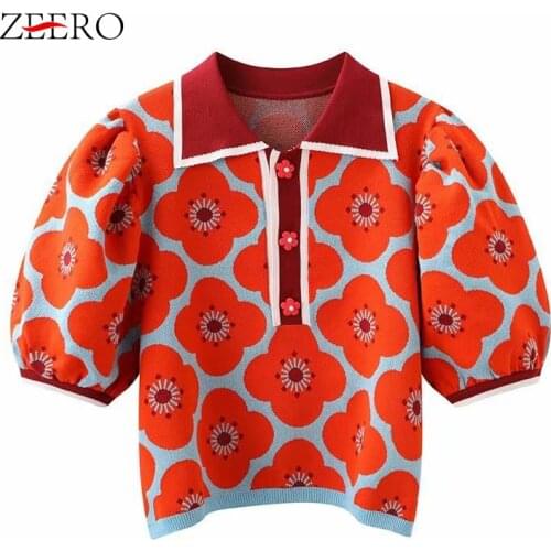 Womens Sweater Pullovers Jumper Short Sleeve Knit Top Summer 2021 Flower Jacquard Puff Sleeve Turn Down Collar Knitted Sweater