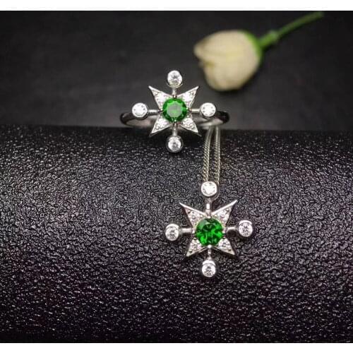 Fashion Lovely Stars Natural green diopside Pendant ring Natural Gemstone Jewelry Set 925 Silver Women girl party gift jewelry