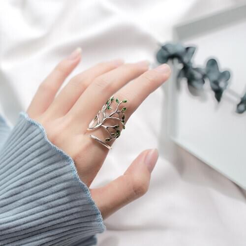 Buyee Real 925 Sterling Silver Fashion Female Unique Ring Green Leaf Twig Sweet Big Ring for Women Fashion Wedding Jewelry