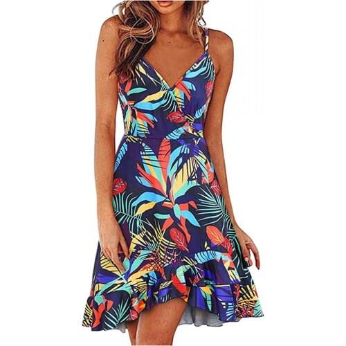 Womens Casual Dress Sexy V-neck Halter Skirt Sleeveless Back Print MIDI Skirt European And American Apparel 2021 Summer New