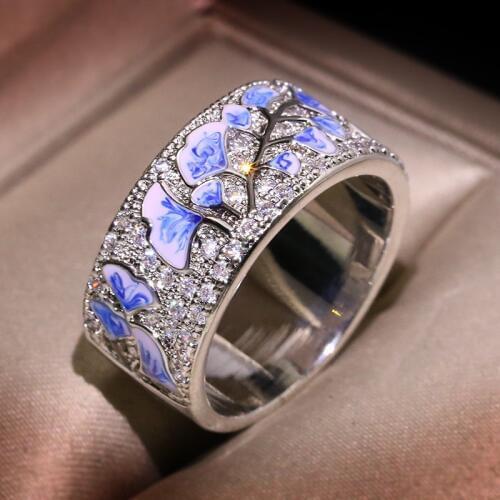 Female Silver Flower Rings For Woman Blue Flower Ring 925 Sterling Silver Party Fashion Promise Wedding Jewelry HANDMADE Enamel