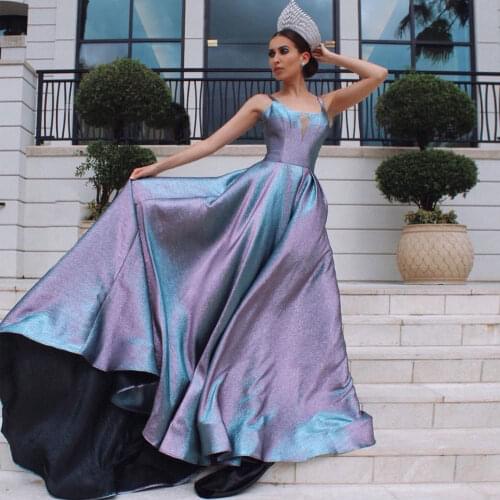 In Fashion A Line Prom Dress 2022 V Neck Spaghetti Backless Sweep Train Woman Pageant Miss Dress Birthday Party Gown Plus Size