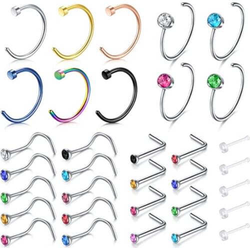 18 Gauge Nose Rings Hoop Nose Screw Studs Set Stainless Steel Fake Nose Piercing Jewellery 16-28PCS