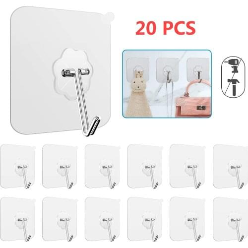20Pcs Wall Hooks Rack Adhesive Suction Reusable Seamless Waterproof Oilproof Bathroom Kitchen Stick Heavy Self Hanging Key Cloth